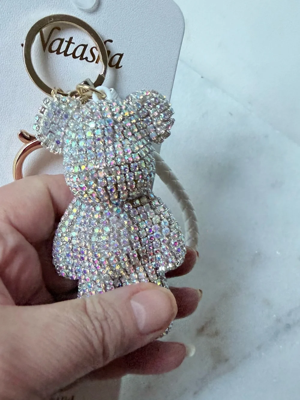 Natasha Couture White Braided Strap Crystal Teddy Bear Keychain